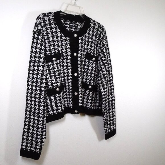 Karl Lagerfeld Cardigan Women's Size XL Black White Herringbone Cropped Classic - Picture 7 of 13